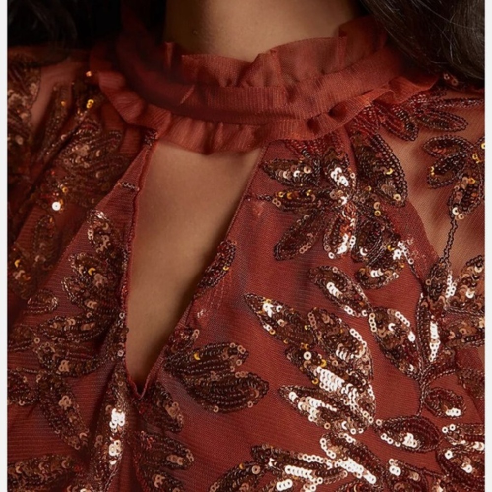 Anthropologie Sequin Embellished Top in Rust Flare Sleeve Size XS - Picture 3 of 11